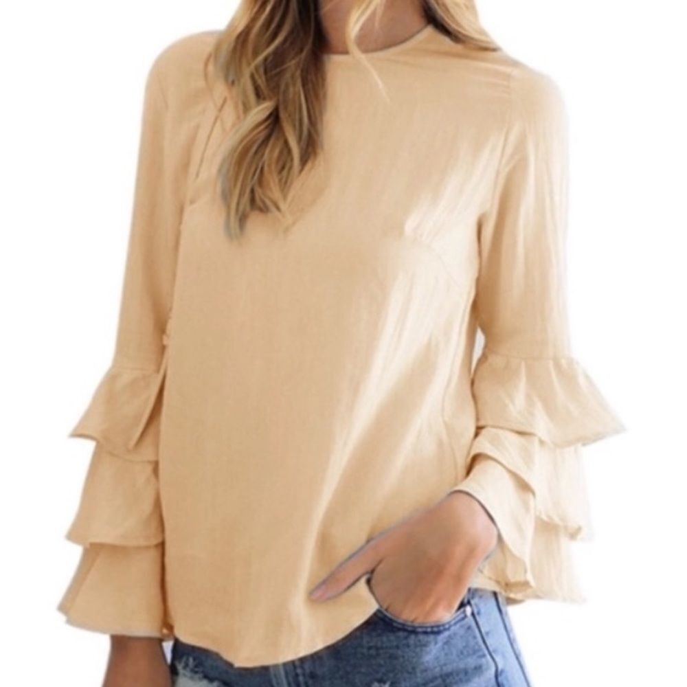 Round Neck Long Ruffled Sleeves Lightweight Blouse Top